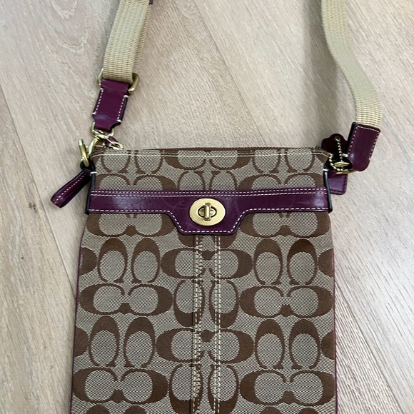 Coach Handbags - Coach Brown Signature Canvas Crossbody with Plum Trim